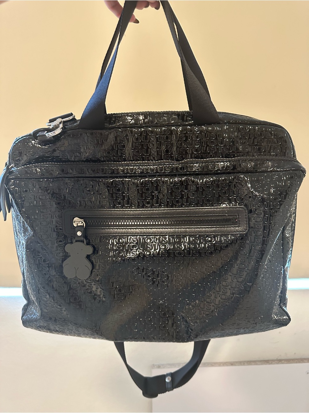 Tous Black Glossy Laptop Bag with Bear Charm Accent